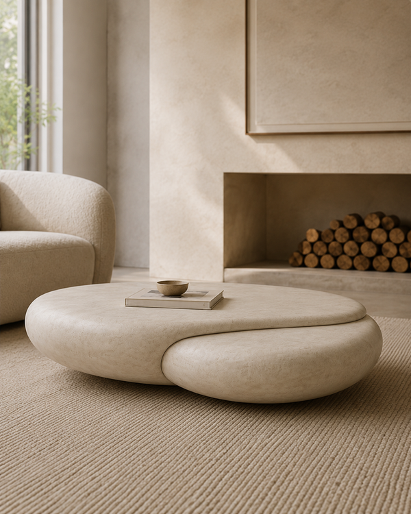 Sculpted Duo coffee table in matte plaster, two overlapping organic forms in a living room