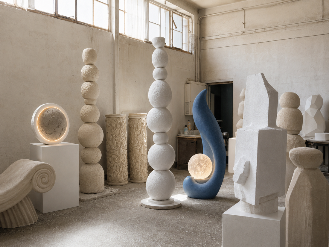 Finished sculptural pieces resting in a corner of the workshop