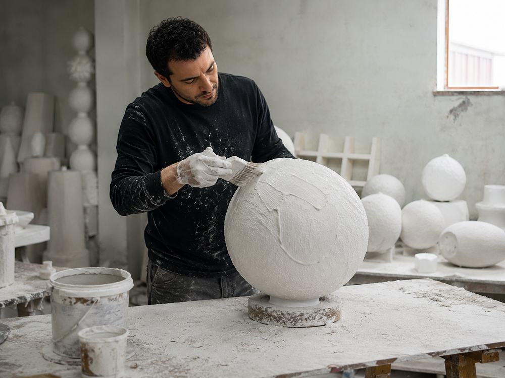 Mineral plaster being applied by hand to a spherical sculptural form