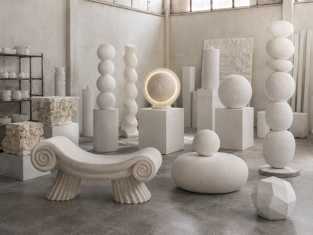 Finished mineral plaster pieces standing in the workshop