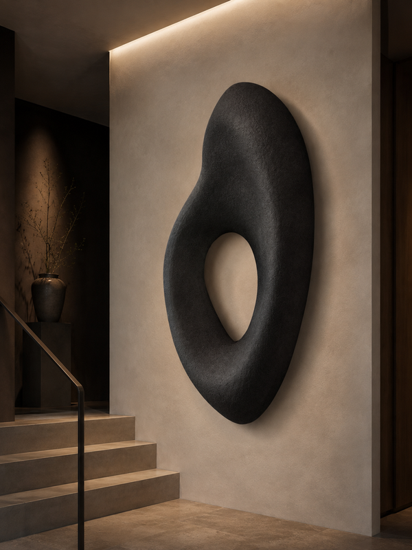 Forma Void organic plaster wall sculpture in ivory white, shown mounted on a wall