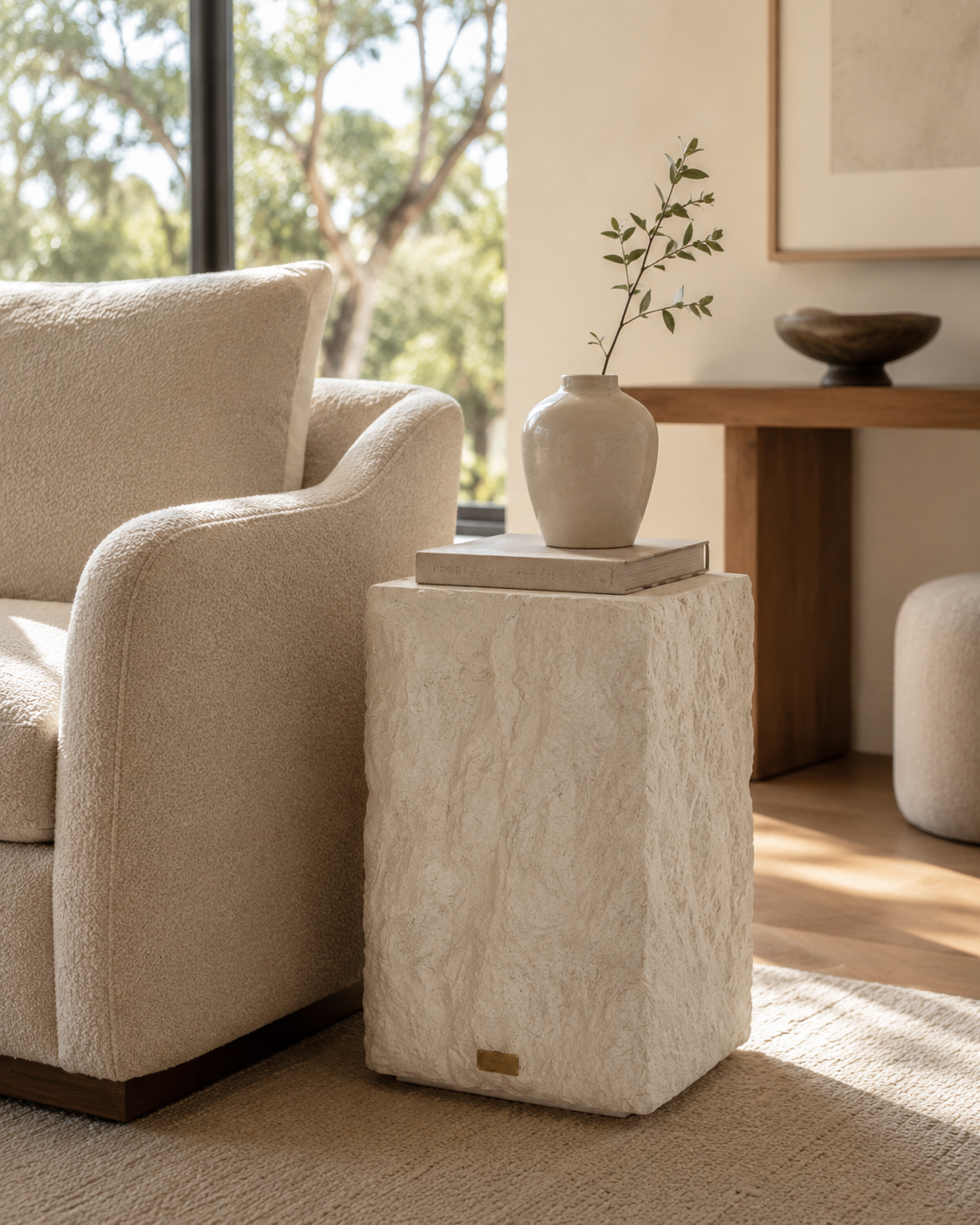 Sculptural stone side table with a textured mineral plaster finish, placed in a living room
