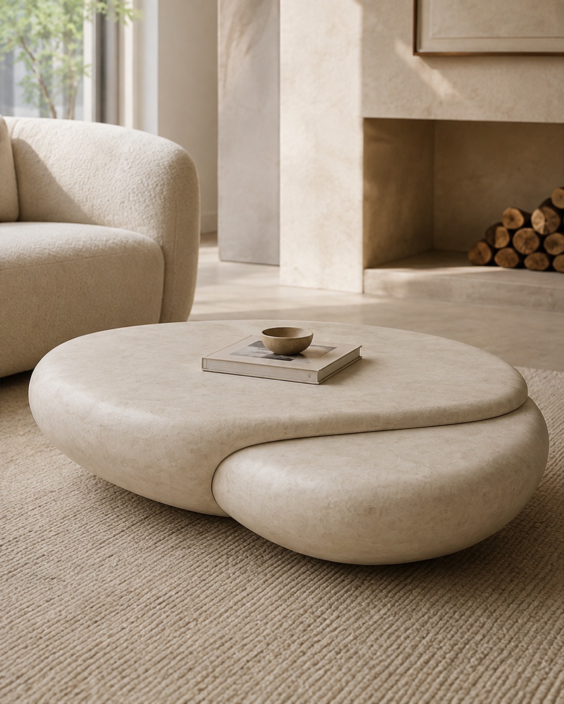 Three-quarter view of the Sculpted Duo coffee table showing both volumes