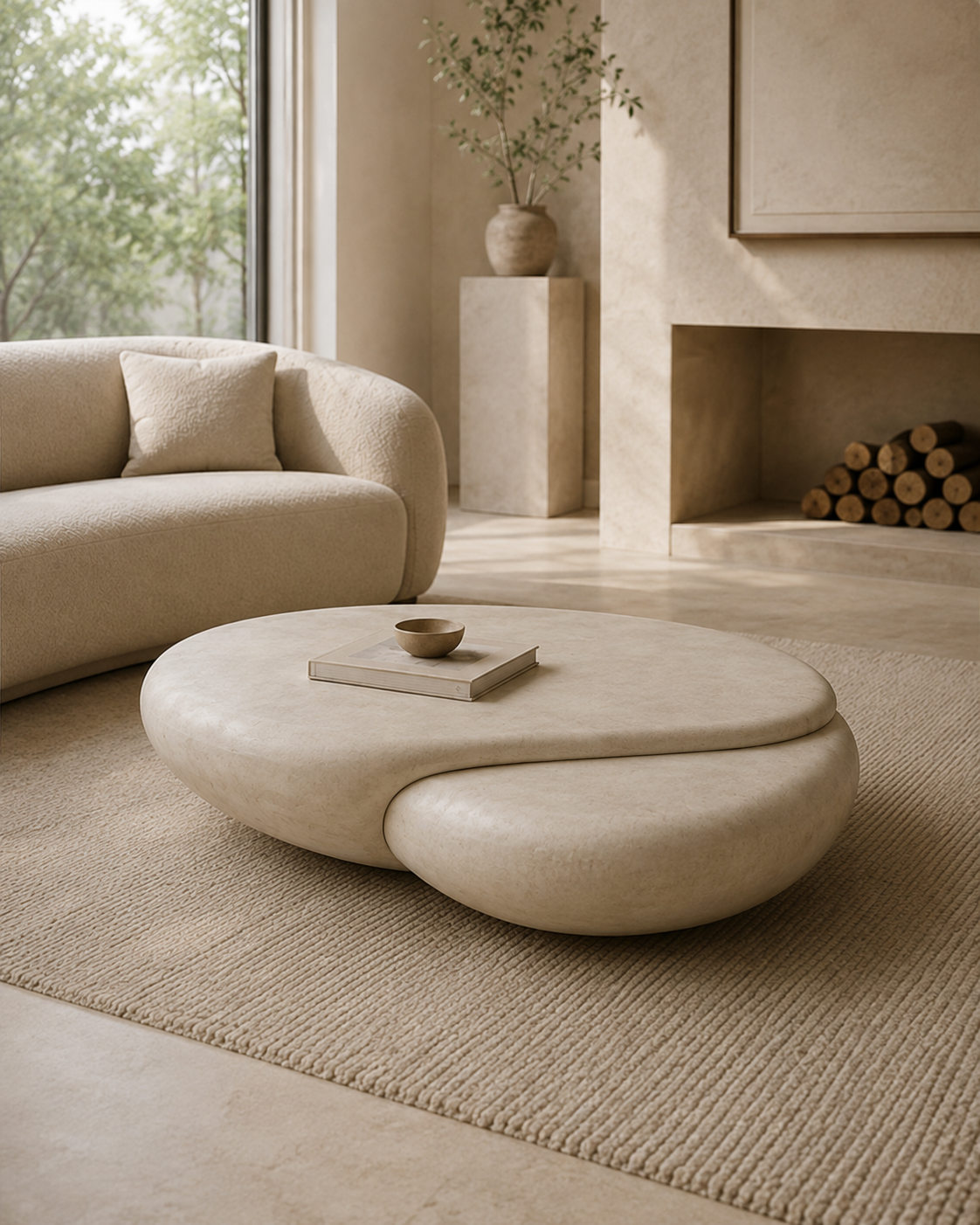 Sculptural plaster coffee table shown at room scale