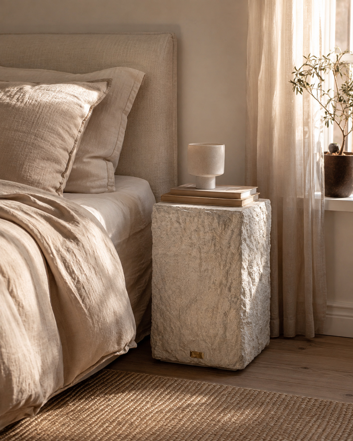 Plaster side table used as a bedside table