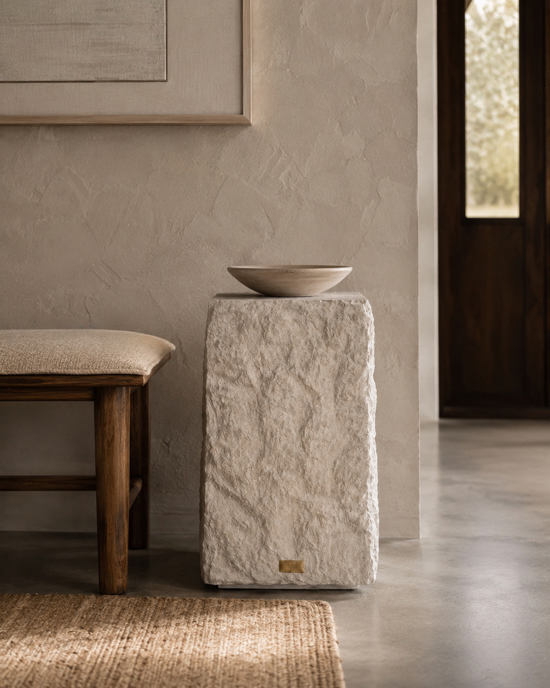 Sculptural stone side table in an architectural interior
