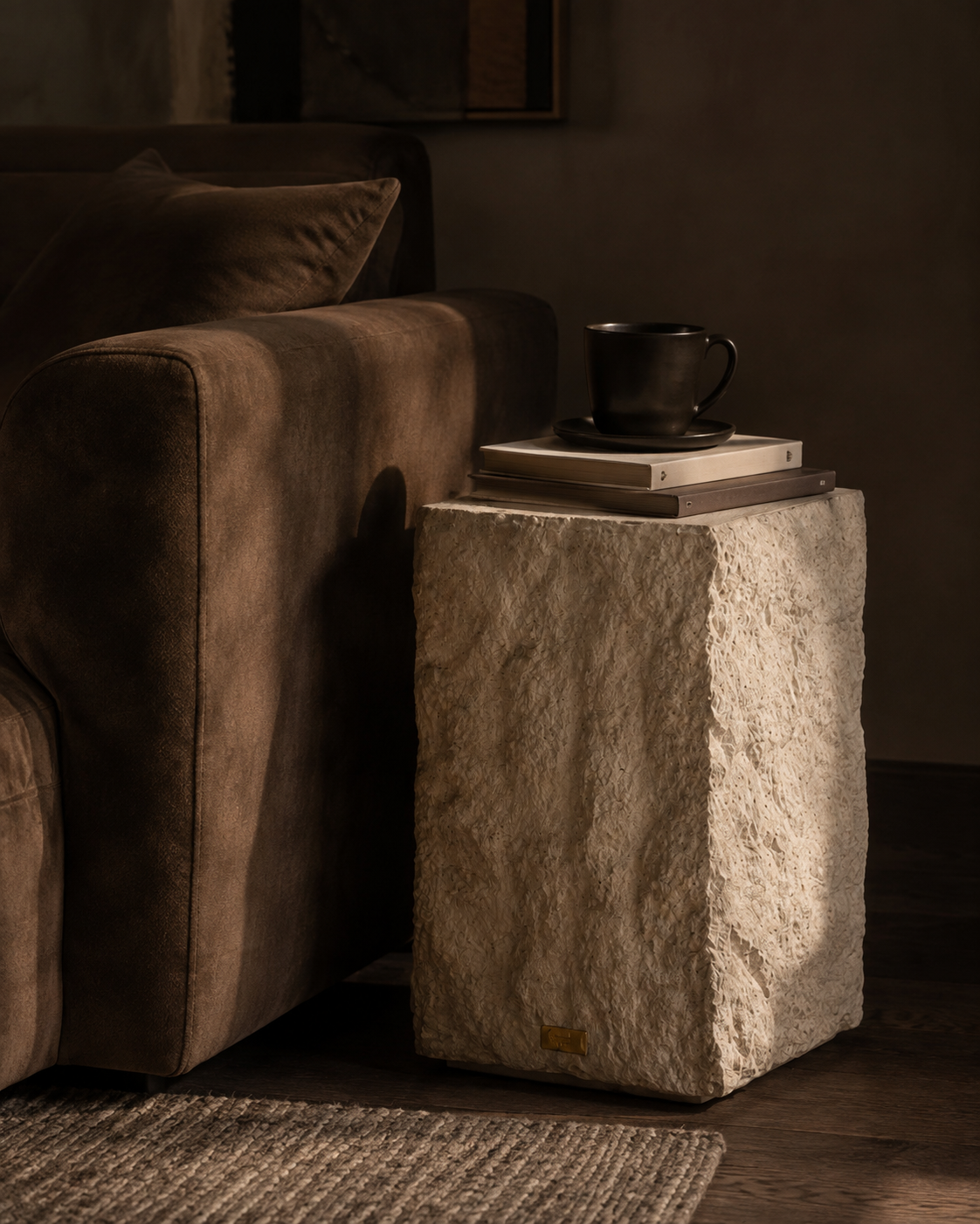 The stone-look side table in an evening interior, warmly lit