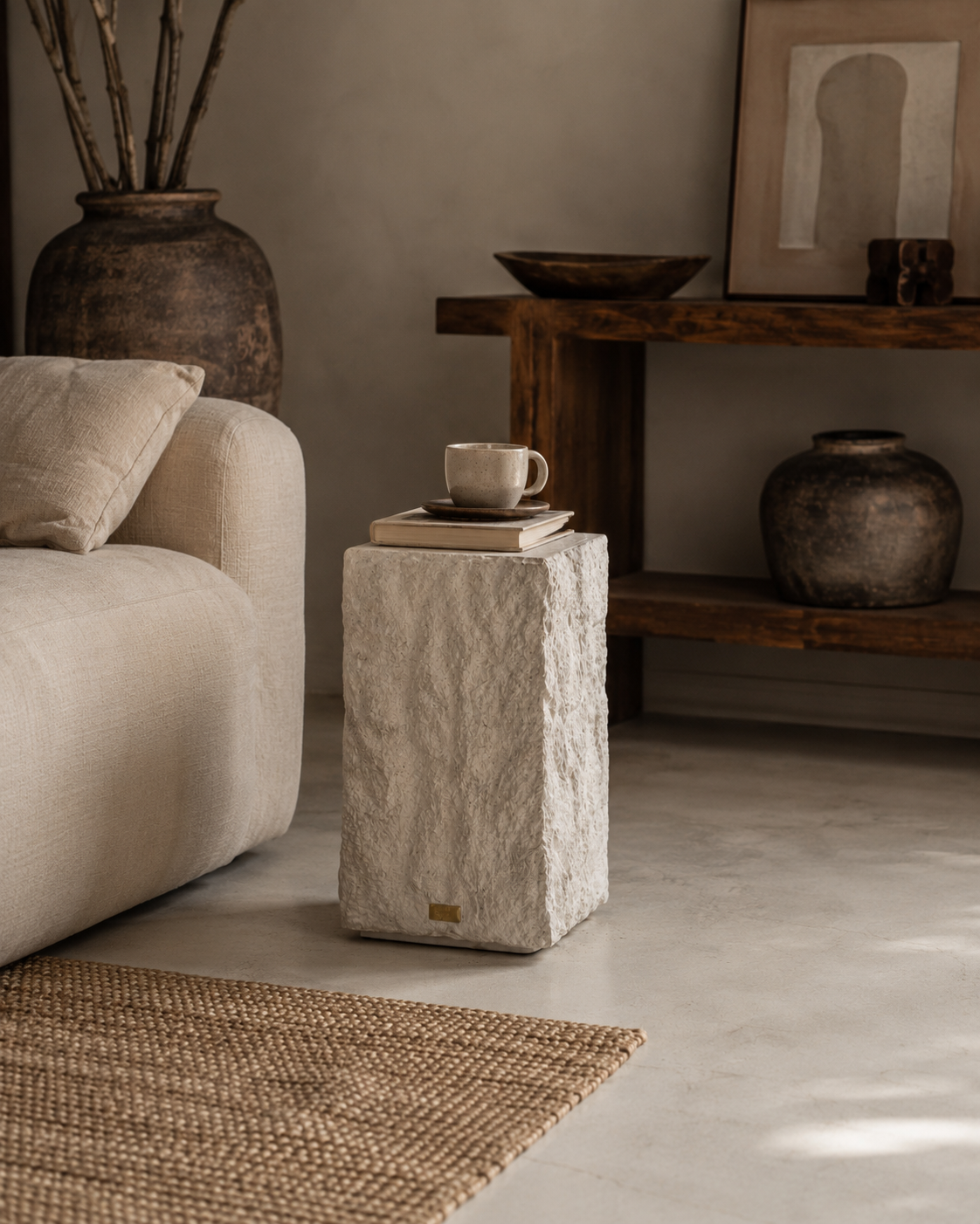 Wide interior view with the sculptural stone side table in a styled room