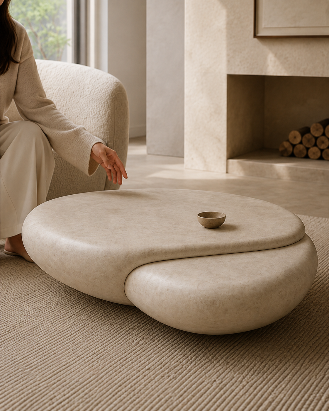 A seated figure beside the Sculpted Duo coffee table, showing its low height in a living room