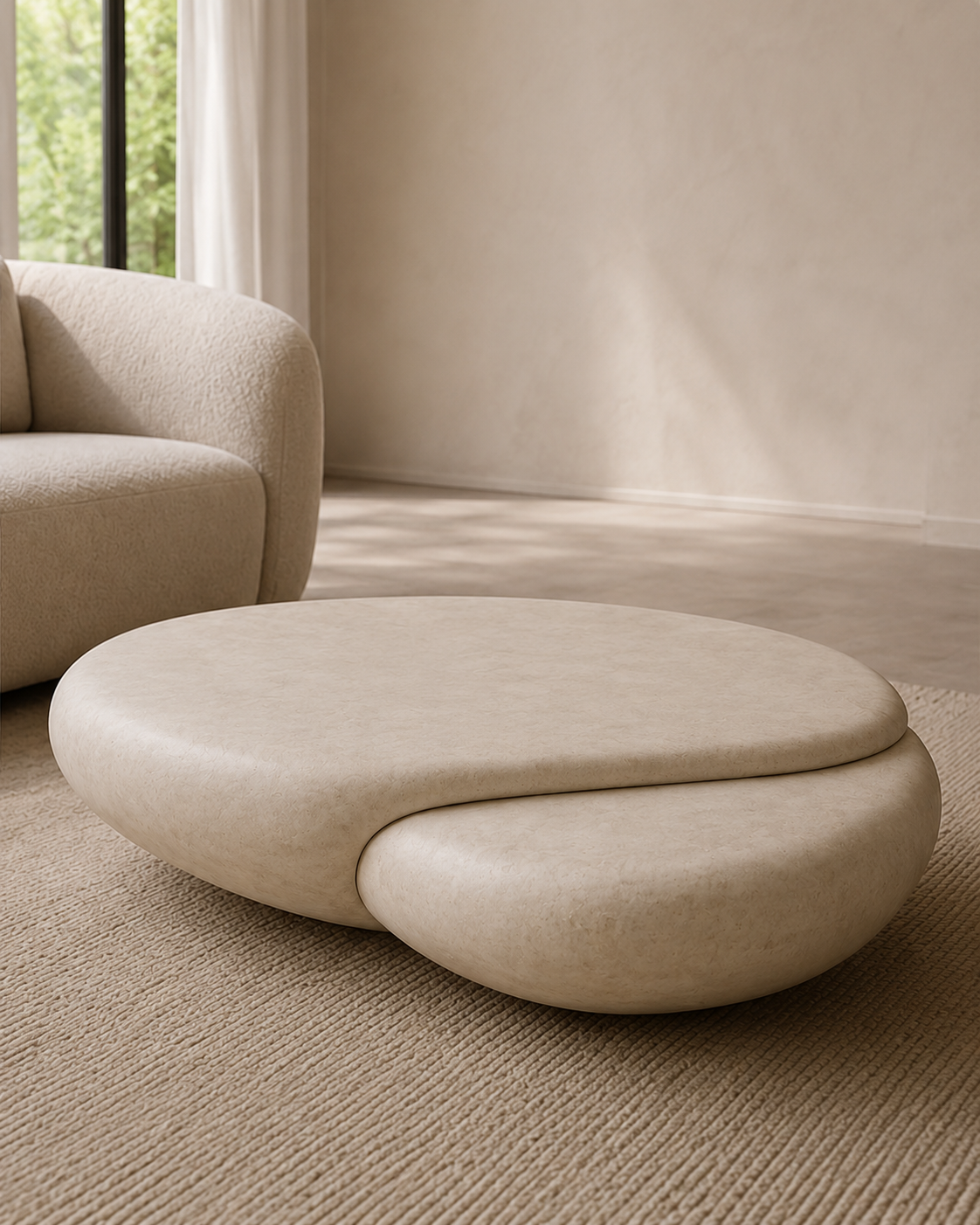 Sculpted Duo coffee table on a wool rug in a bare, pale room, its two forms overlapping