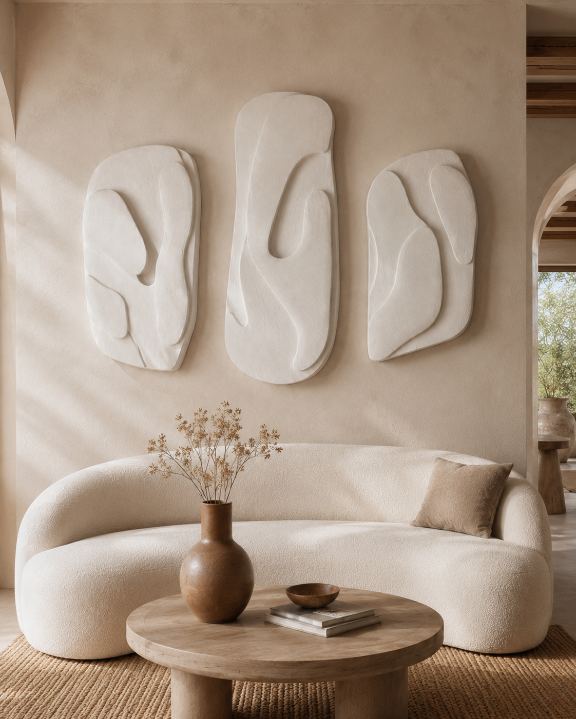 Organic Triptych Wall Panel Set of 3, sculptural plaster panels with carved organic relief