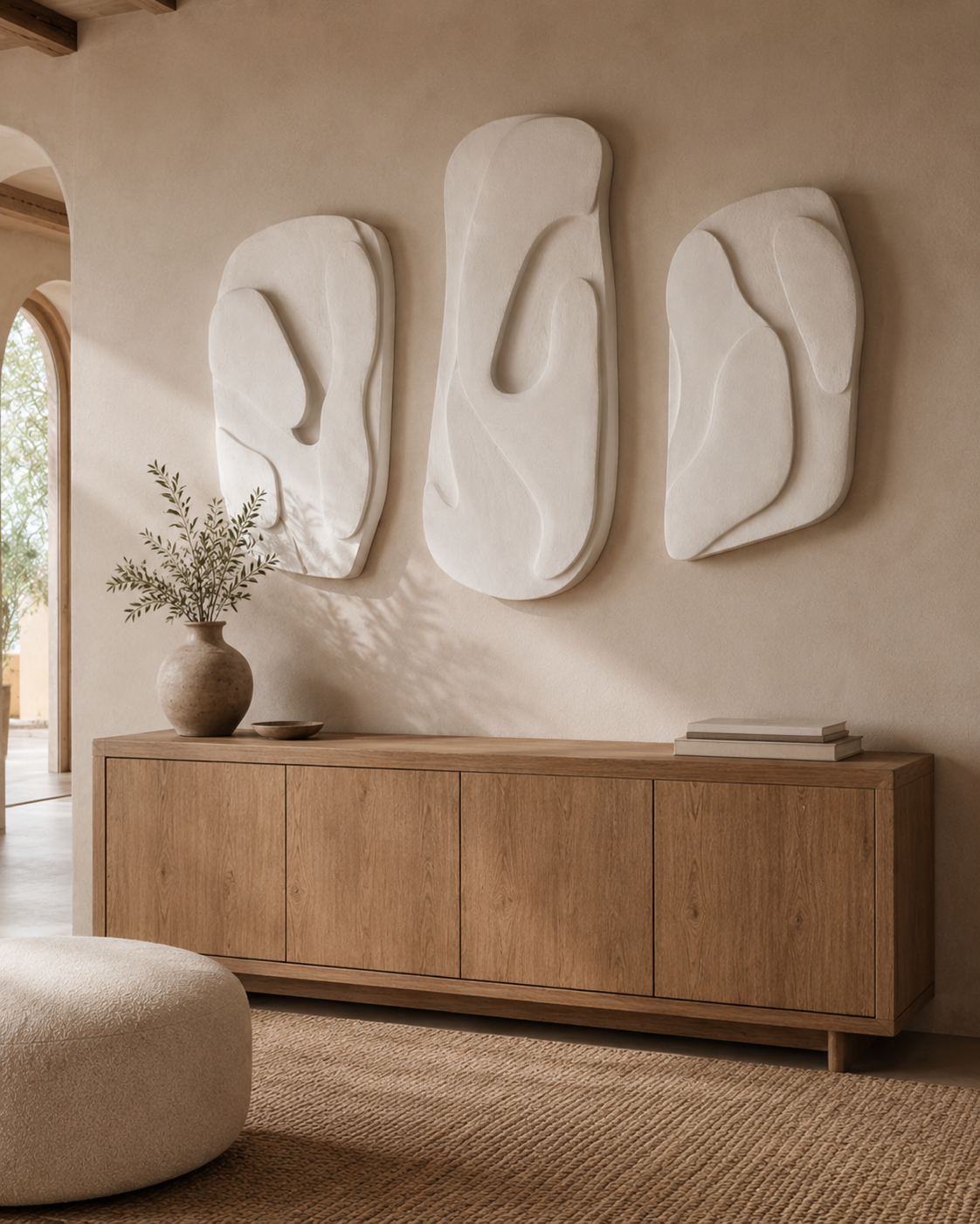 The Organic Triptych Wall Panel Set in ivory white, hand-finished in mineral plaster
