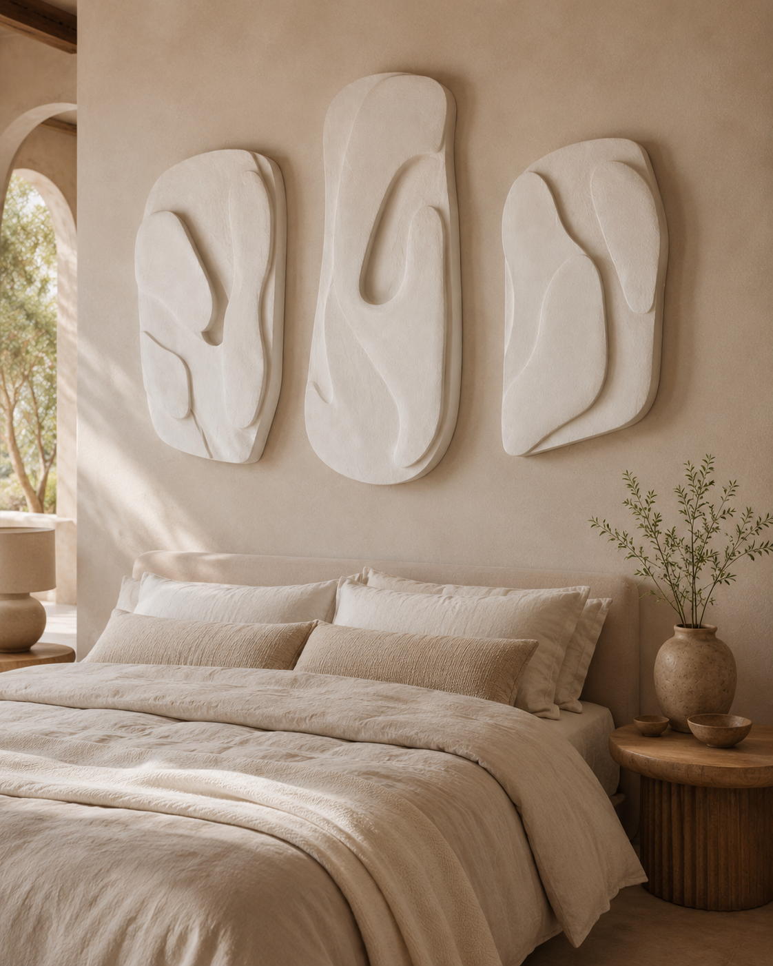 Detail of the organic relief detail on the handmade plaster triptych panels