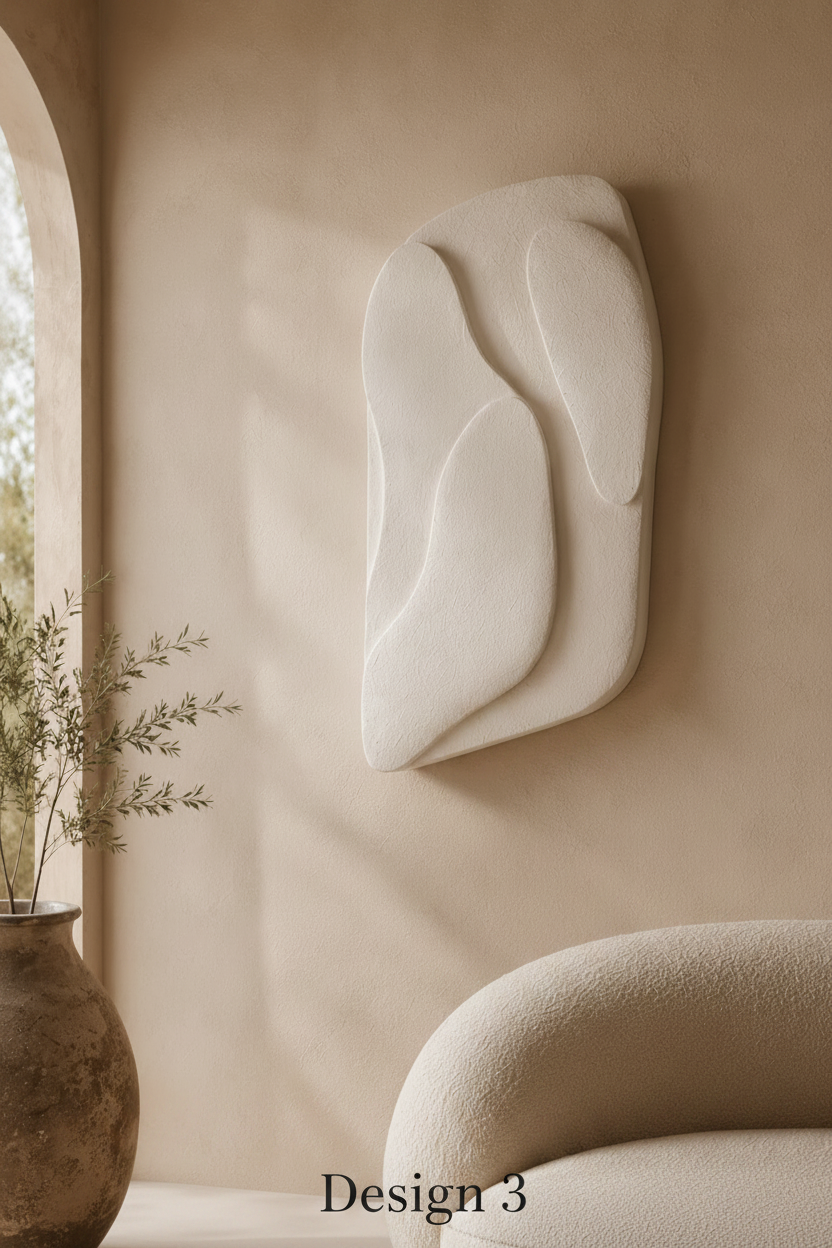 An abstract, organic-shaped wall art sculpture in a warm off-white or cream color, mounted on a textured beige plaster wall in a styled interior setting with a vase and a chair partially visible. 