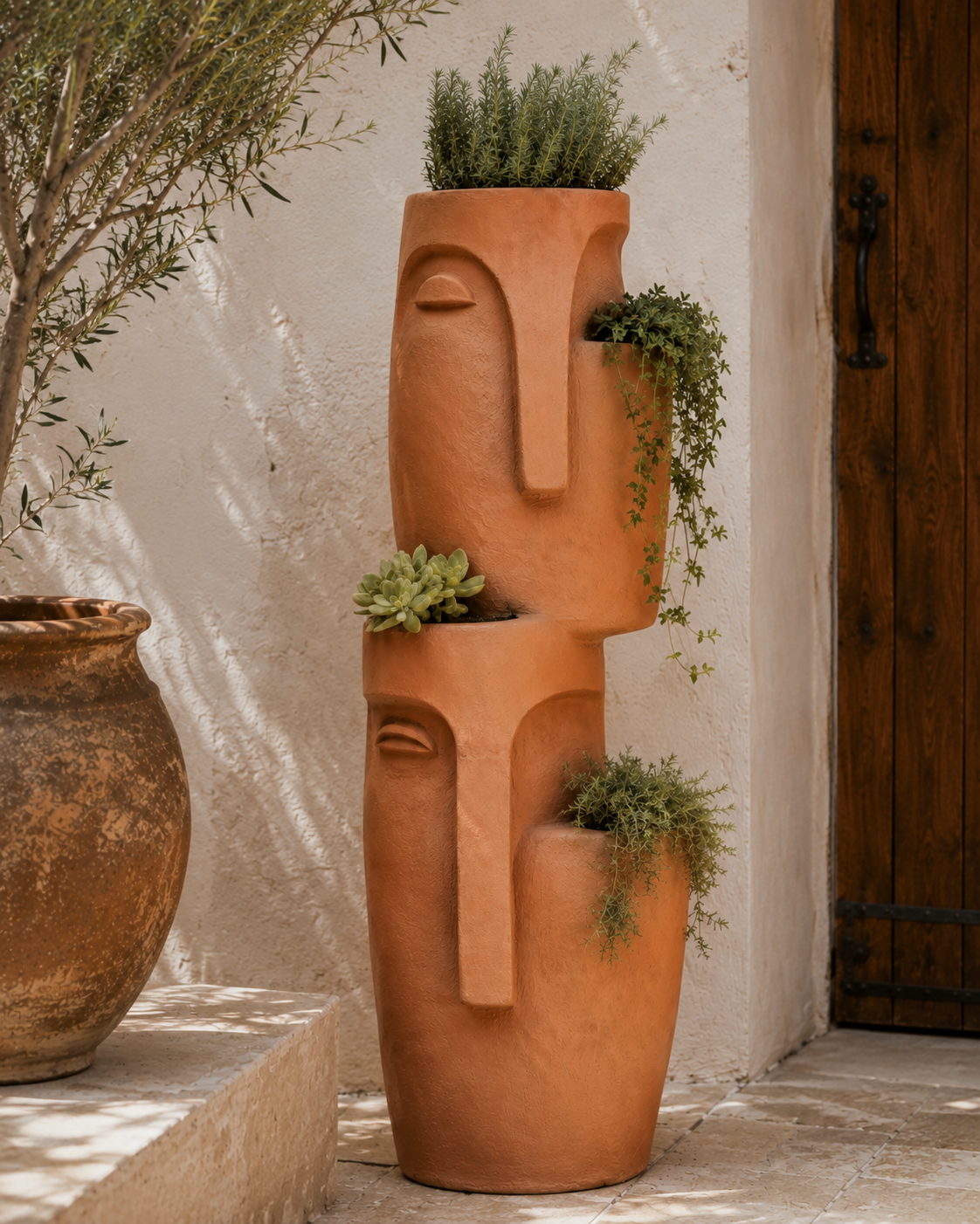 Detail of the face motif and plaster surface on the Double Stacked Face Planter