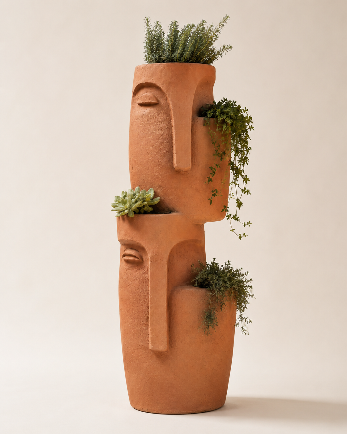 Double Stacked Face Planter in ivory white, made for layered greenery indoors or in covered outdoor spaces