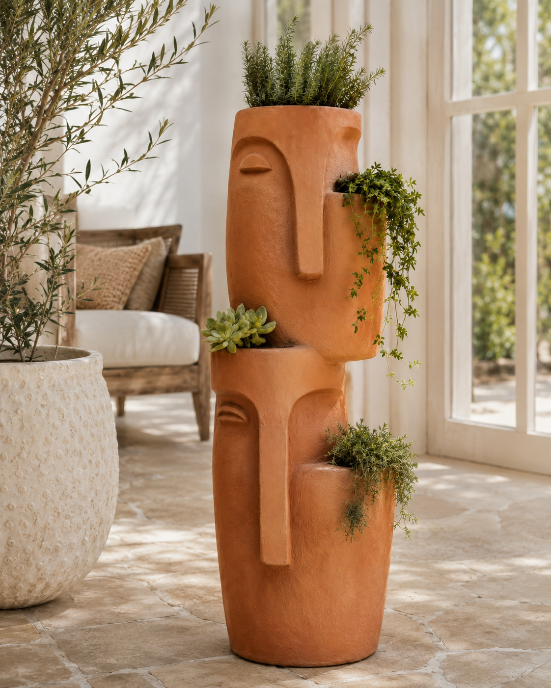 Double Stacked Face Planter, a sculptural plaster planter with a stacked face motif in a matte stone-look finish