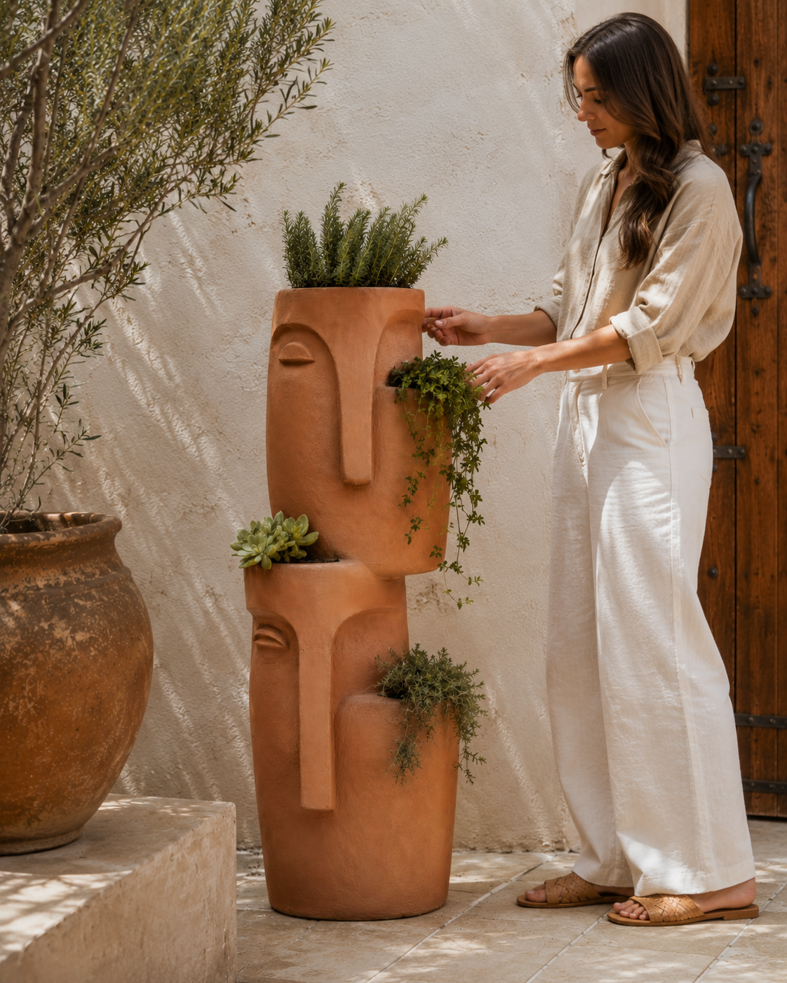 Detail of the face motif and plaster surface on the Double Stacked Face Planter