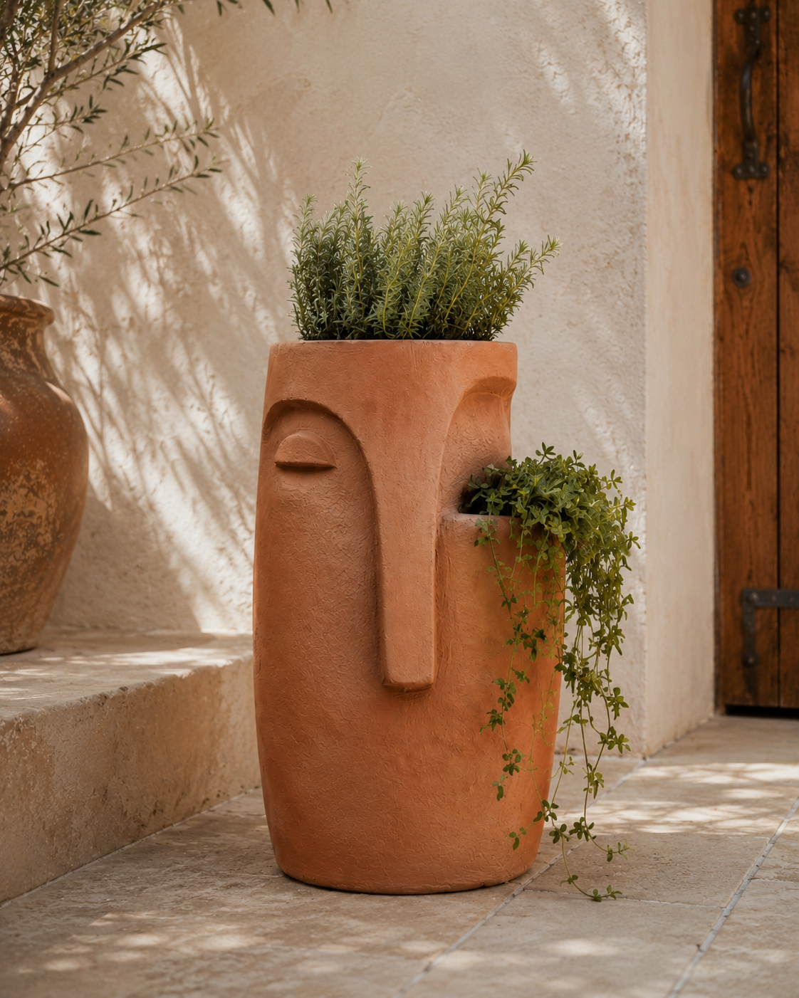 Double Stacked Face Planter in ivory white, made for layered greenery indoors or in covered outdoor spaces