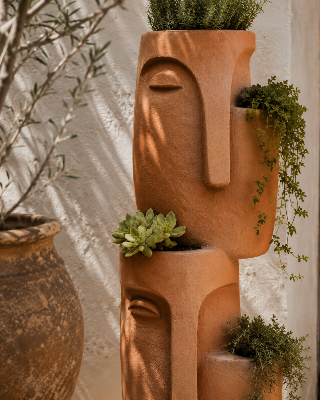 Double Stacked Face Planter shown in single stack, hand-finished in mineral plaster