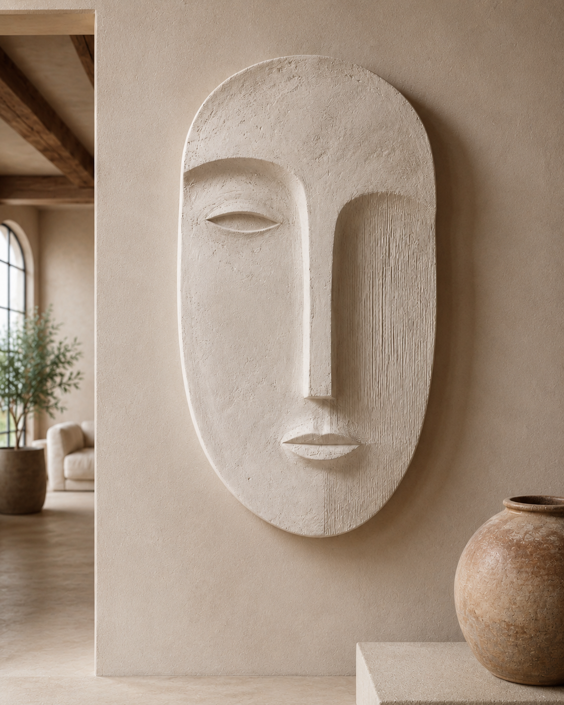 Detail of the carved face relief on the handmade plaster wall panel