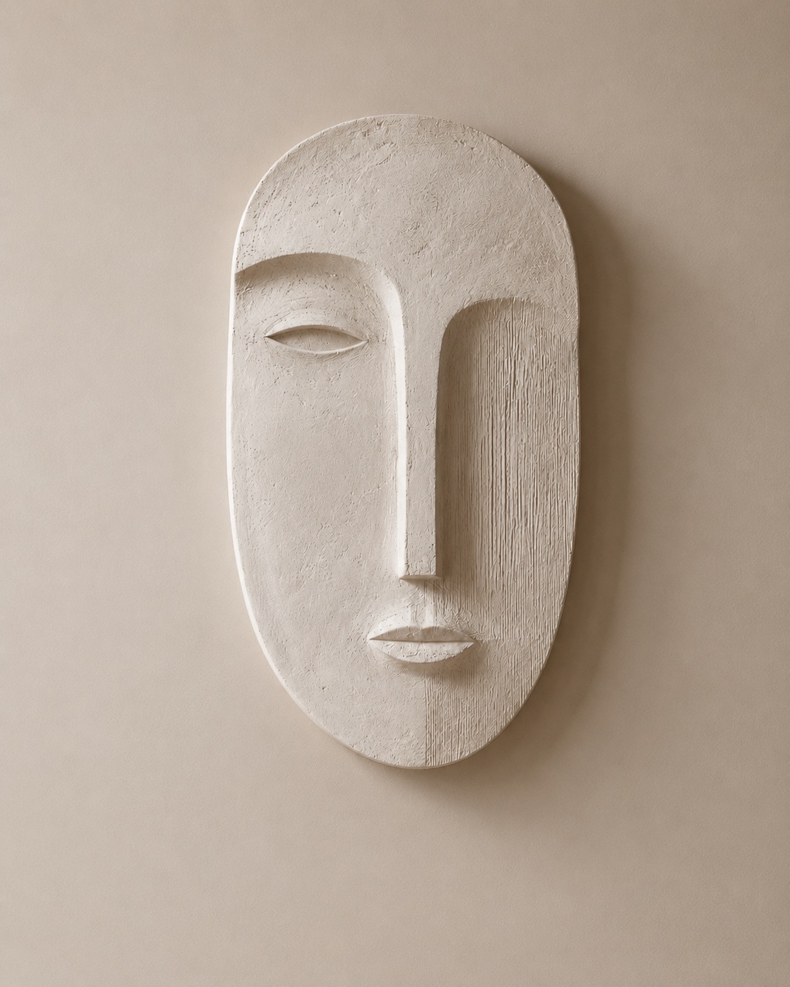 The textured plaster surface of the Carved Face Wall Panel, showing hand-applied relief detail