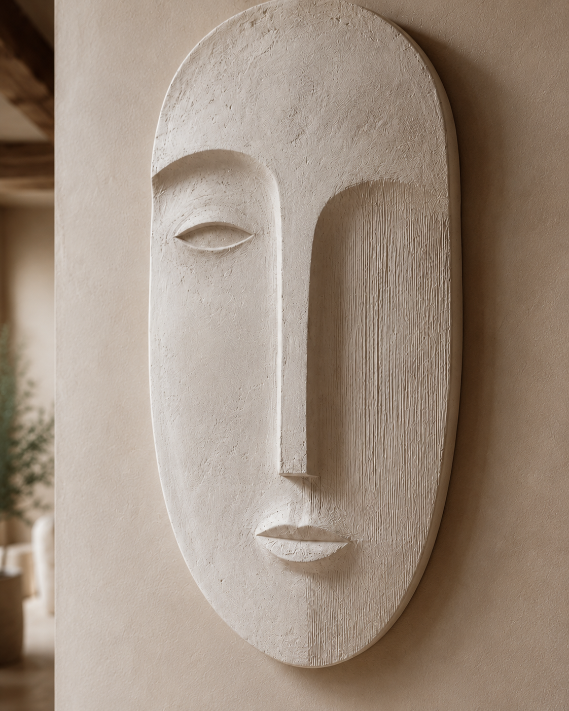 Carved Face Wall Panel, a plaster wall relief with an abstract face motif in a matte stone-look finish