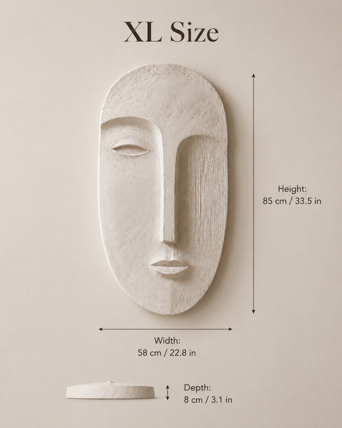 The textured plaster surface of the Carved Face Wall Panel, showing hand-applied relief detail