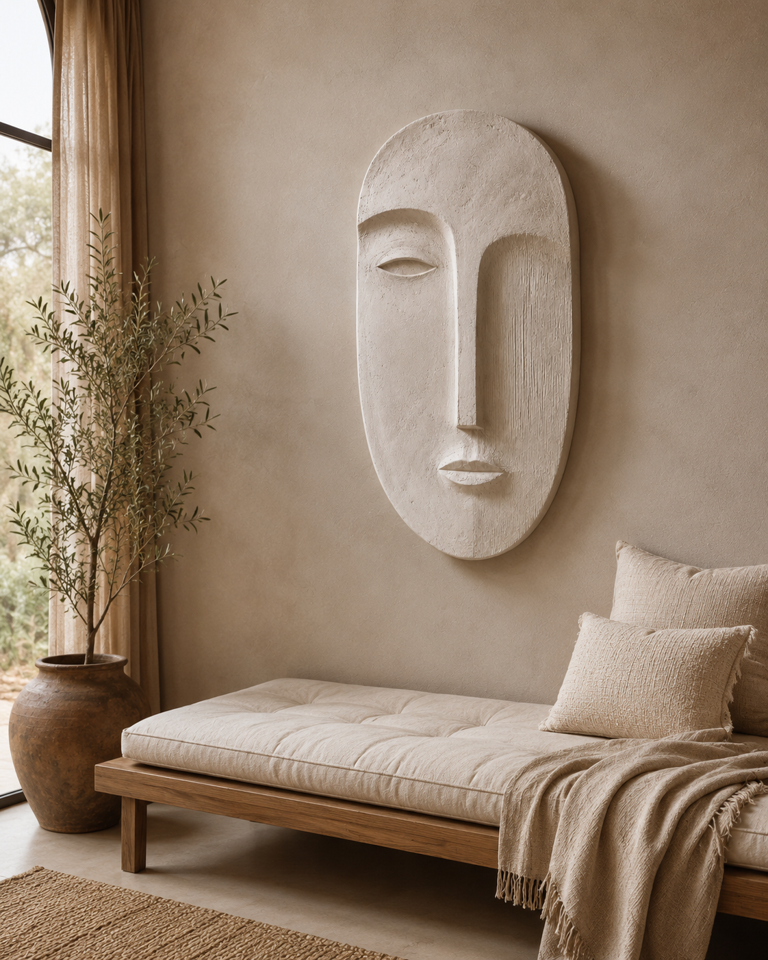 Carved Face Wall Panel, a plaster wall relief with an abstract face motif in a matte stone-look finish