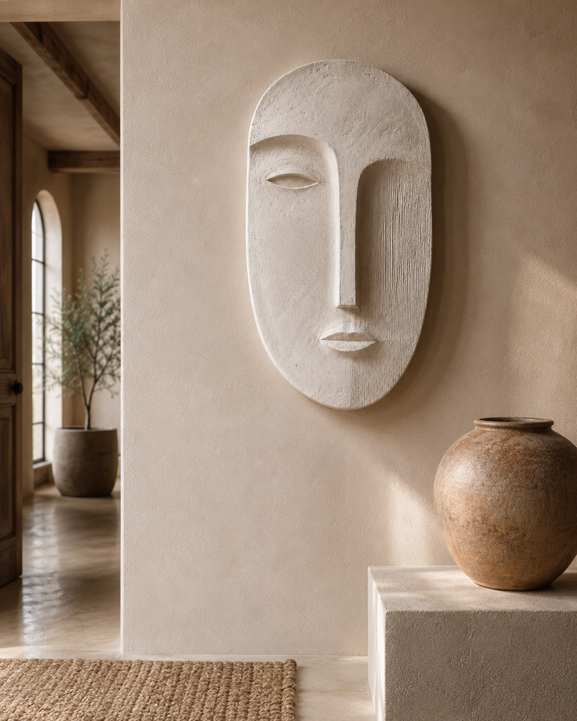Detail of the carved face relief on the handmade plaster wall panel