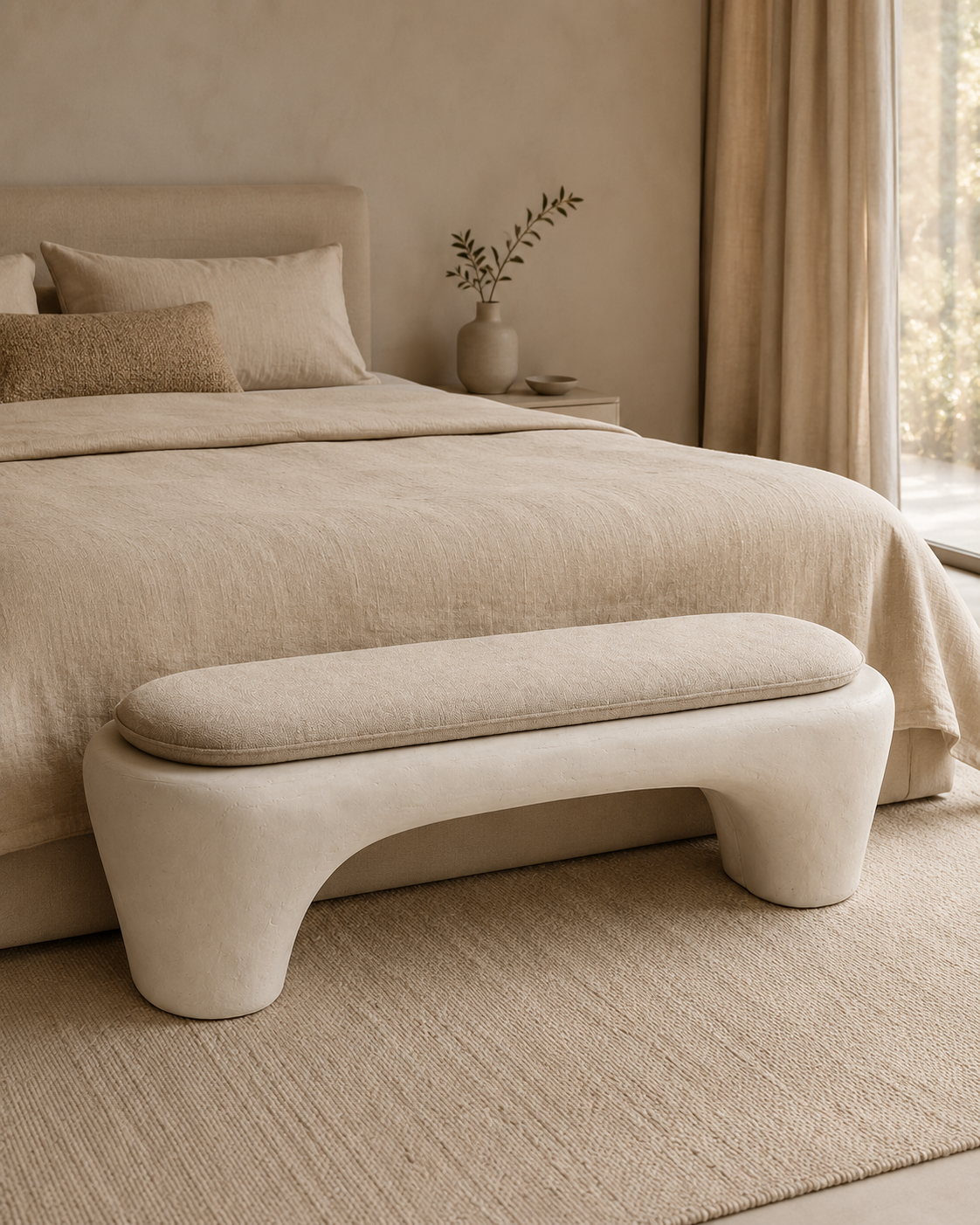 Detail of the hand-finished plaster surface and cushion edge on the Wabi-Sabi Plaster Bench
