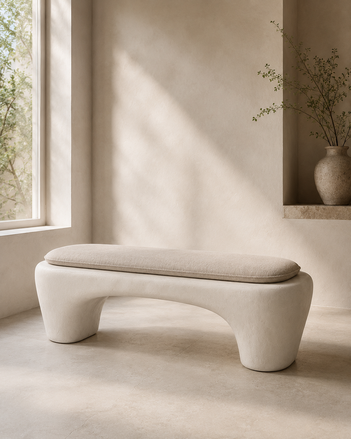 Sculptural Wabi-Sabi Plaster Bench with a removable linen-look cushion and matte limestone-inspired base