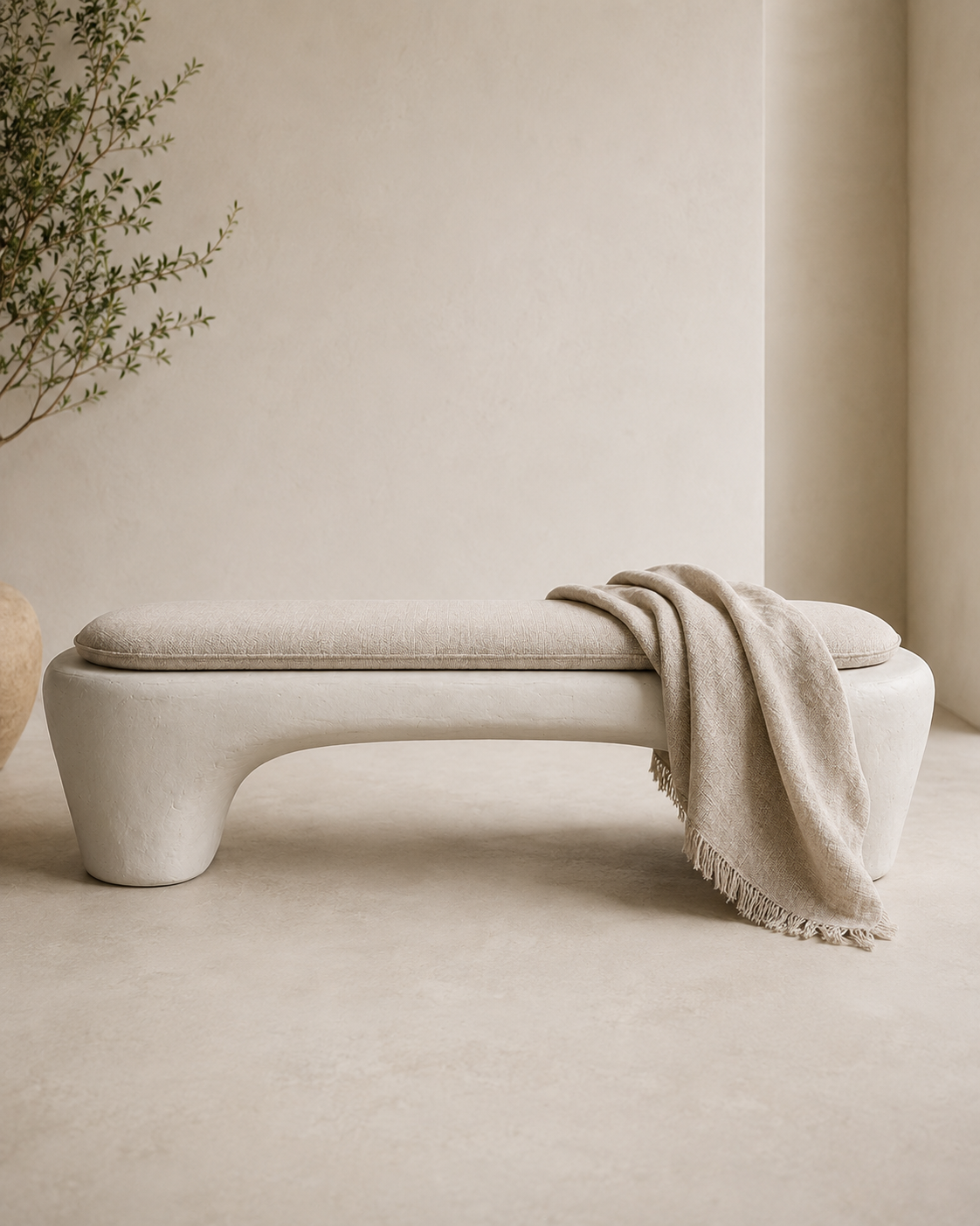 Sculptural Wabi-Sabi Plaster Bench with Linen Cushion