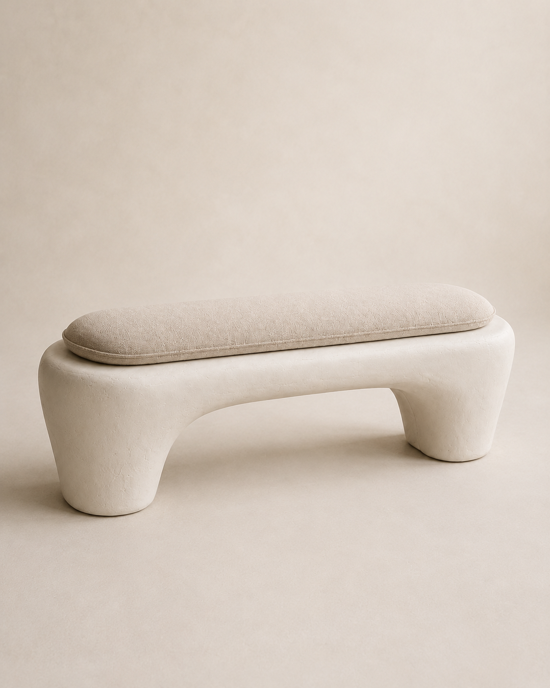 Sculptural Wabi-Sabi Plaster Bench with Linen Cushion