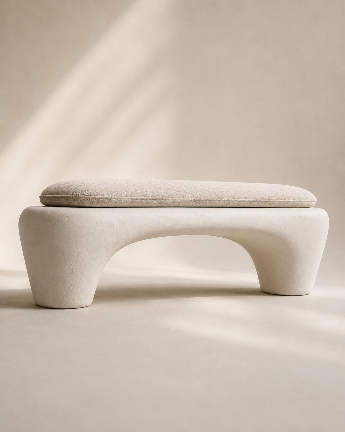 Sculptural Wabi-Sabi Plaster Bench with Linen Cushion