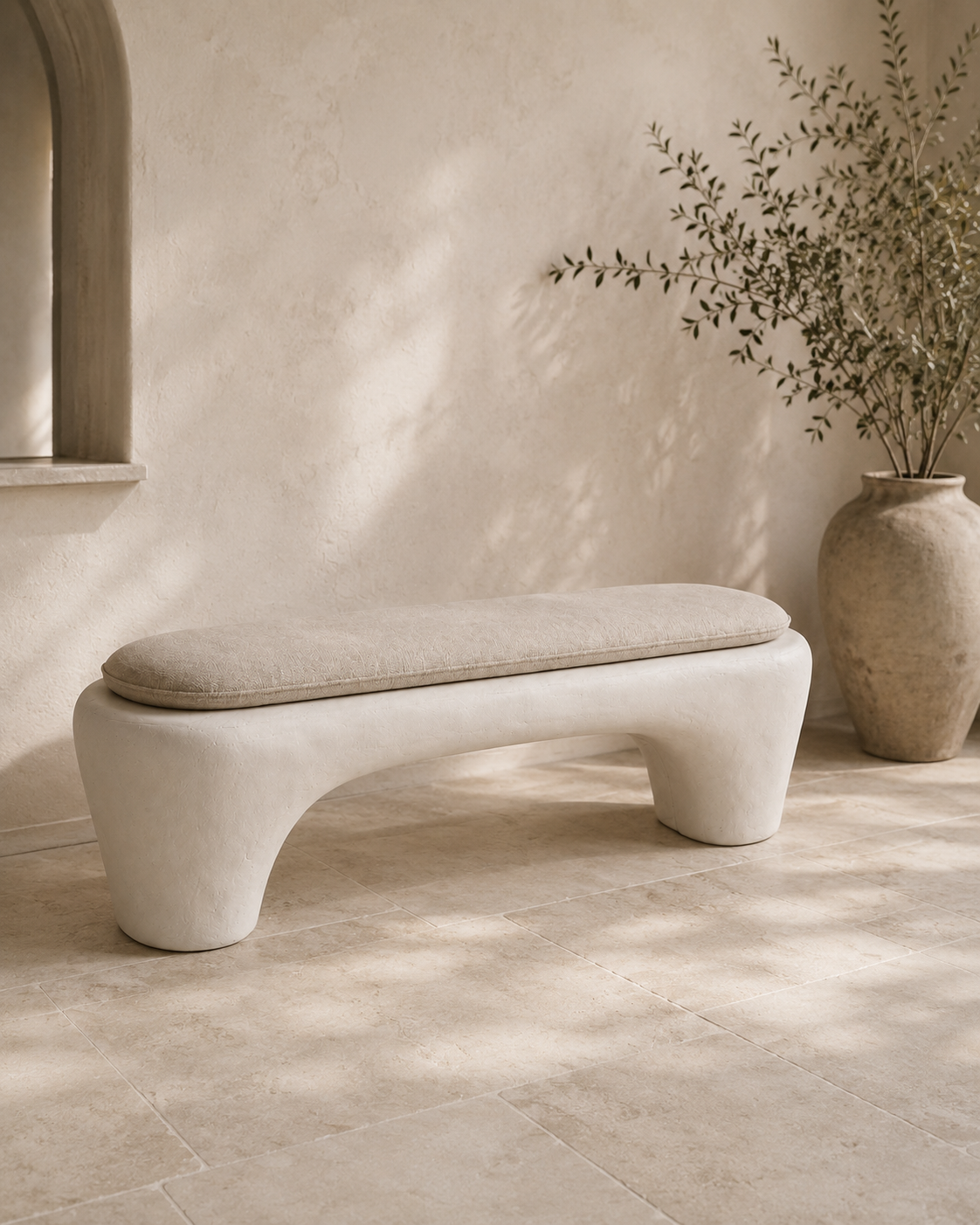 Sculptural Wabi-Sabi Plaster Bench with Linen Cushion