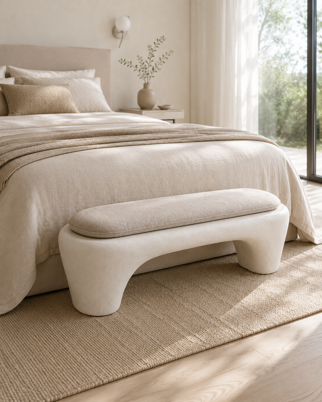 Sculptural Wabi-Sabi Plaster Bench with Linen Cushion