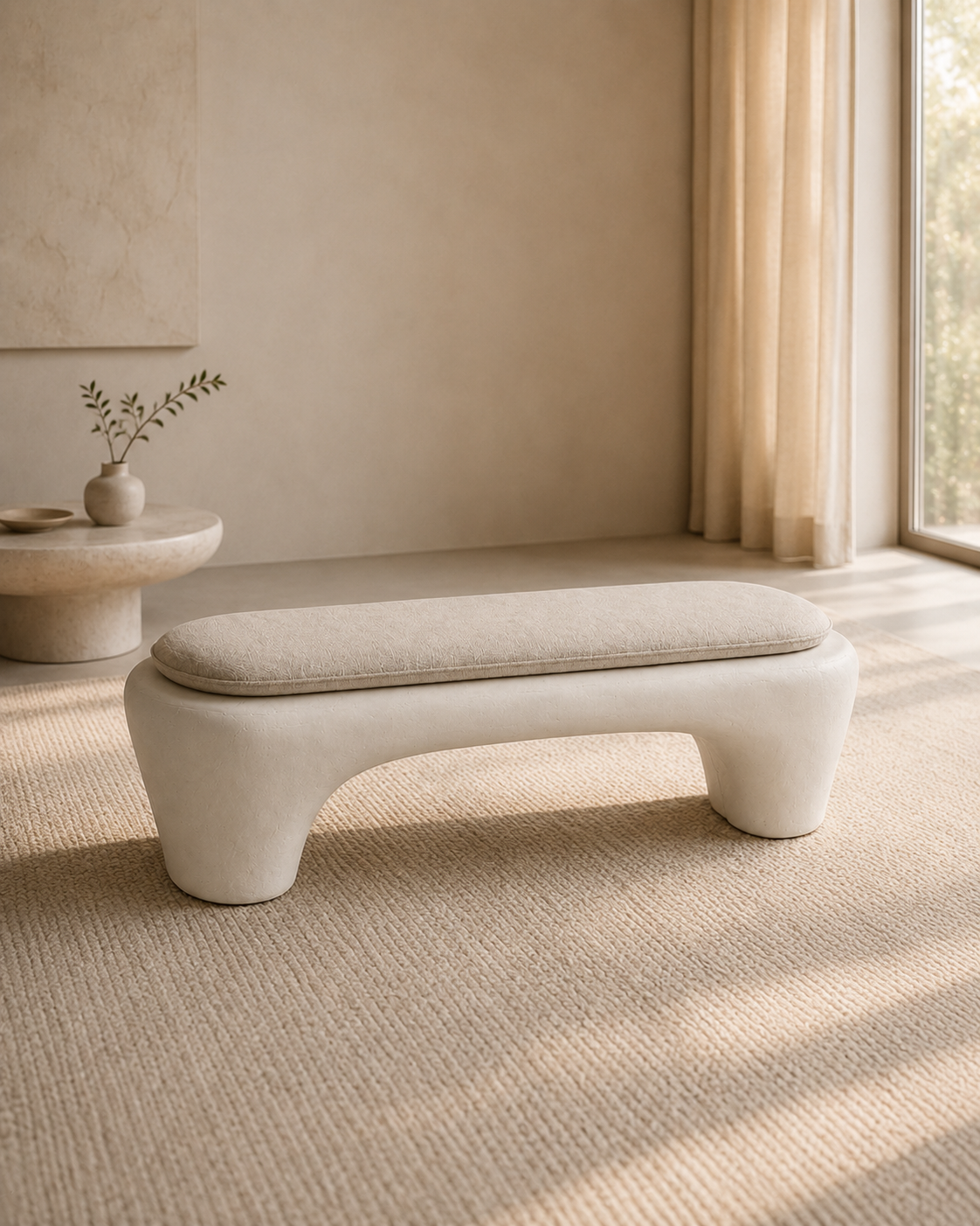 Sculptural Wabi-Sabi Plaster Bench with Linen Cushion