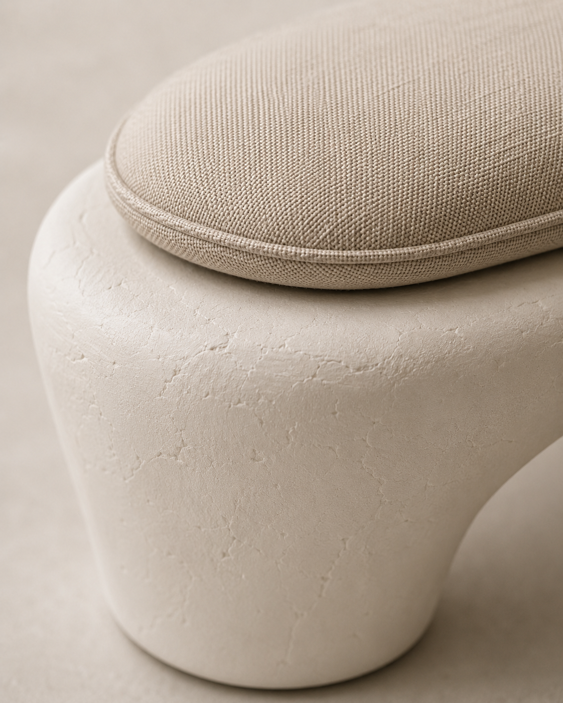 Sculptural Wabi-Sabi Plaster Bench with Linen Cushion