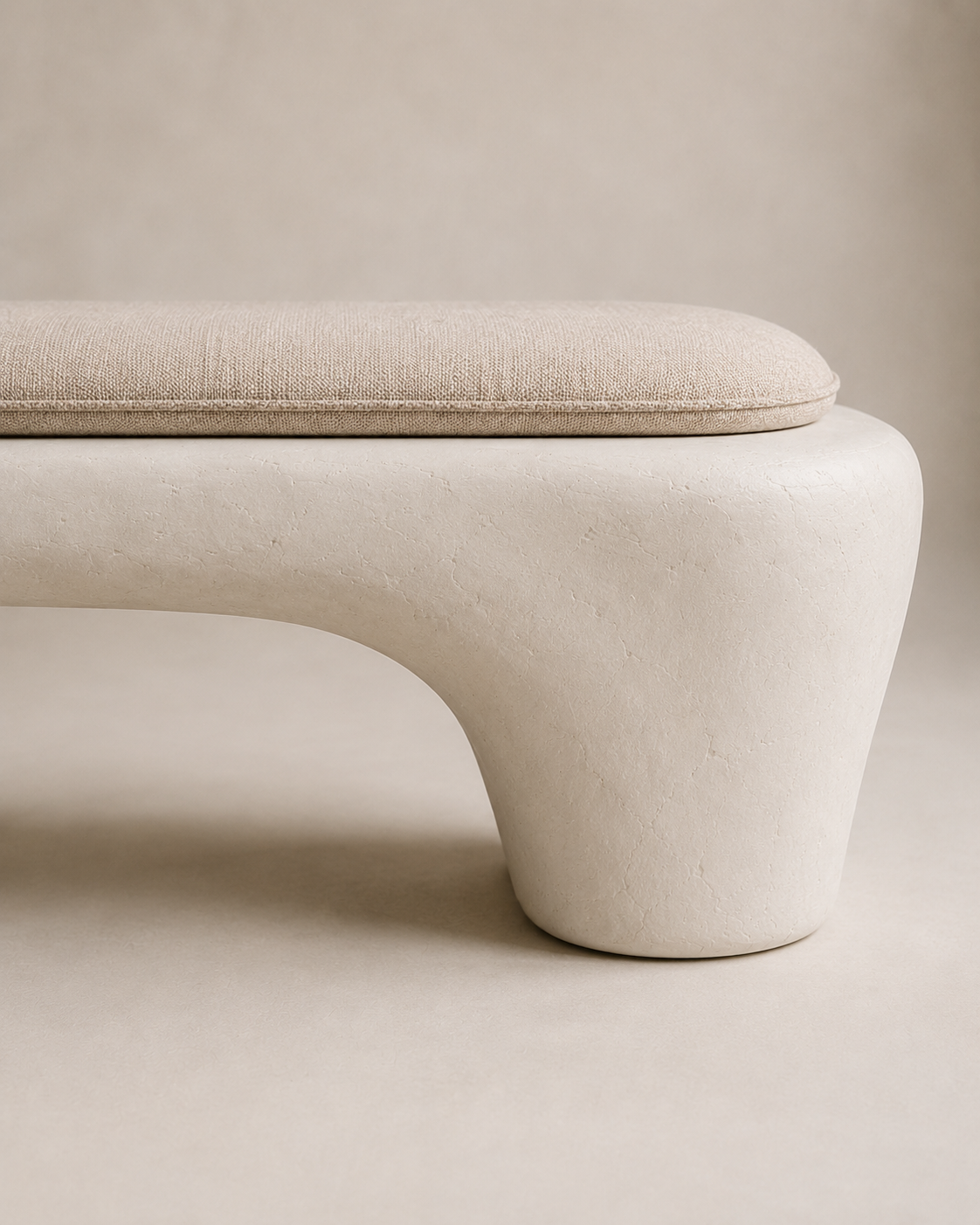 Sculptural Wabi-Sabi Plaster Bench with Linen Cushion