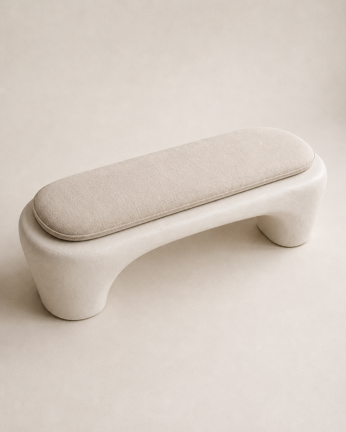 Sculptural Wabi-Sabi Plaster Bench with Linen Cushion