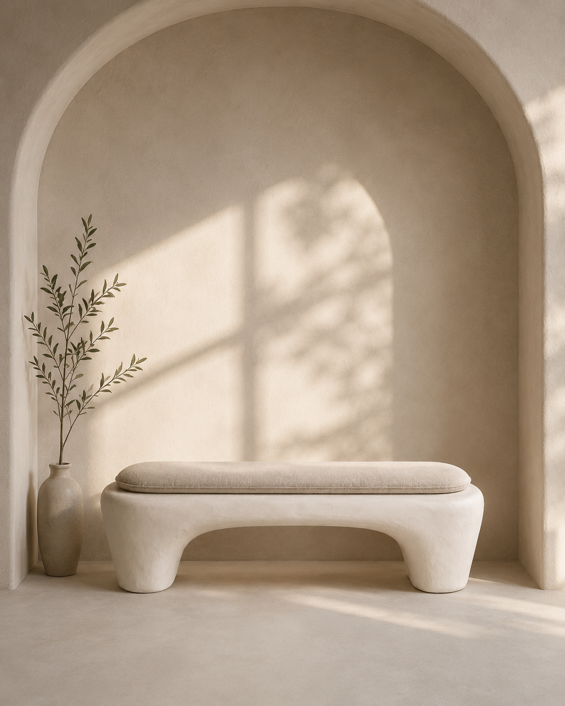 Sculptural Wabi-Sabi Plaster Bench with Linen Cushion