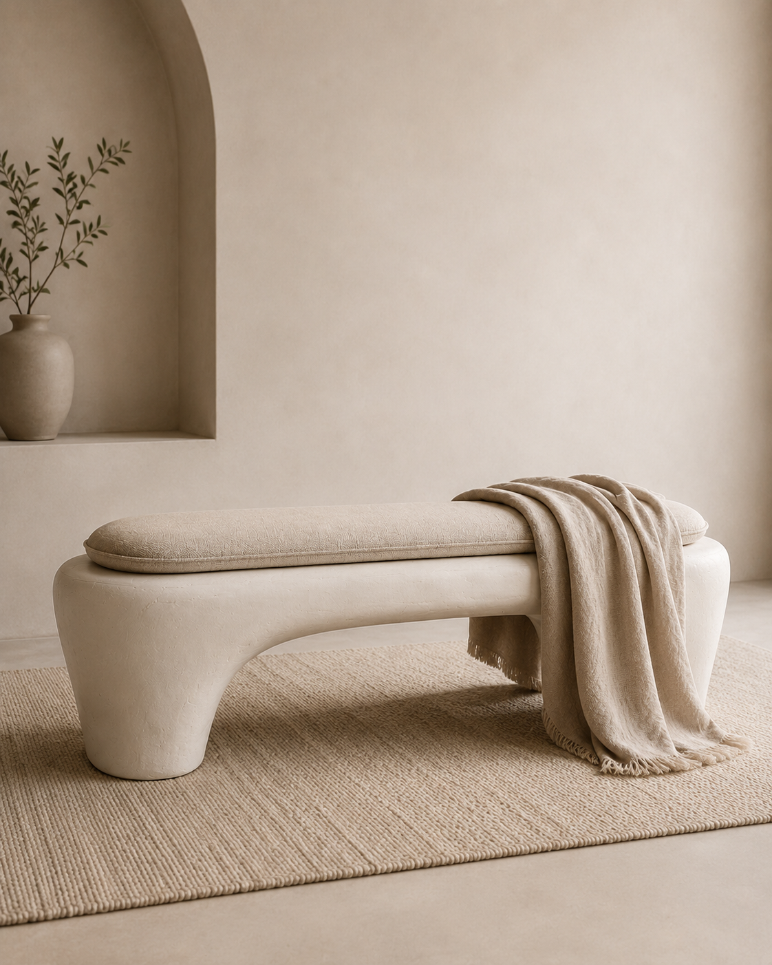 Sculptural Wabi-Sabi Plaster Bench with Linen Cushion