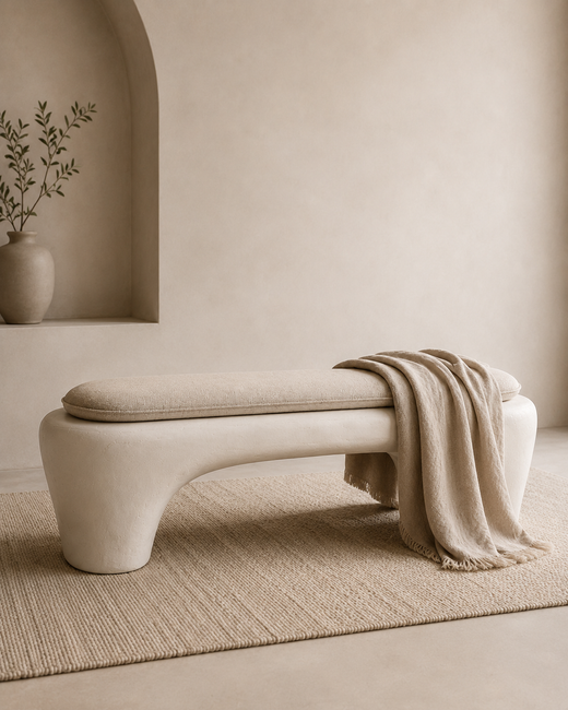 Sculptural Wabi-Sabi Plaster Bench with Linen Cushion