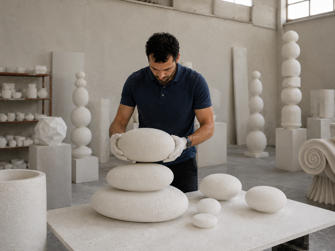 A stacked totem being assembled by hand in the atelier