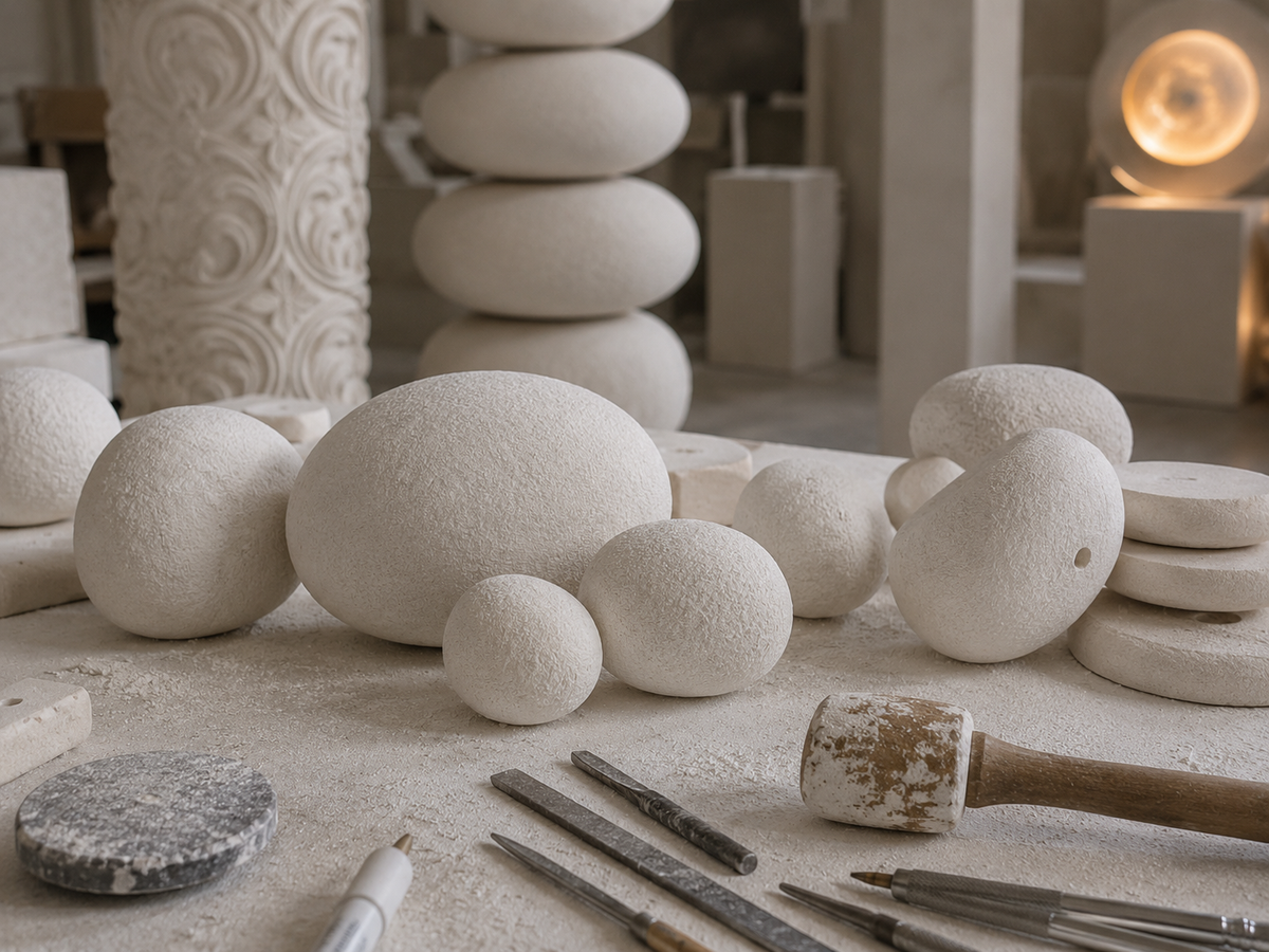 Textured plaster spheres beside carving tools