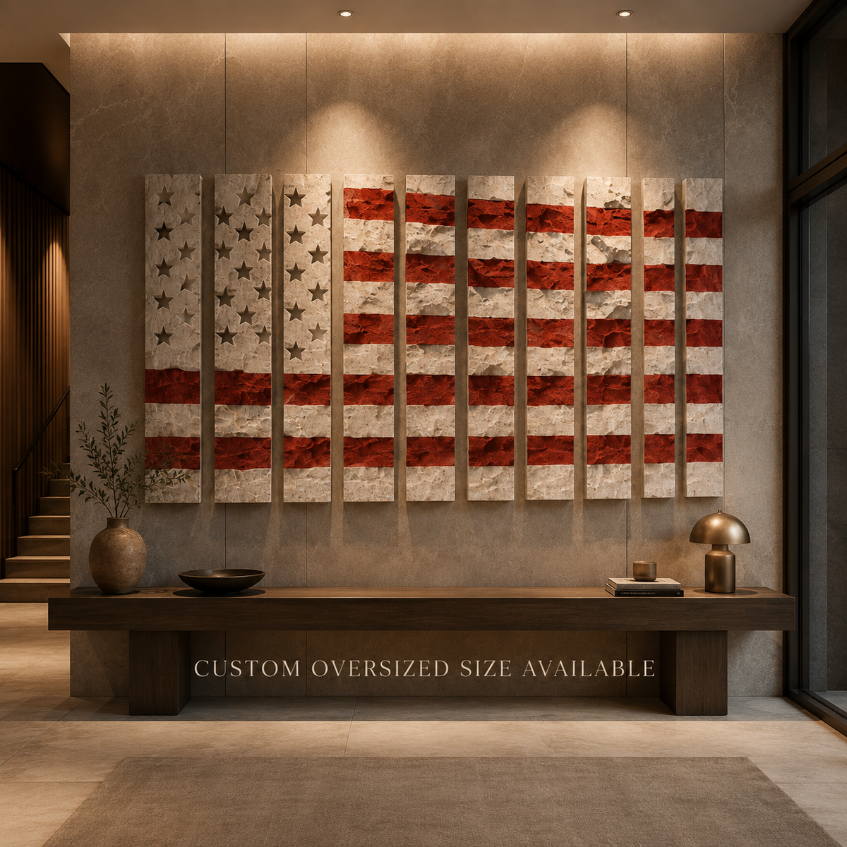 Deconstructed American Flag plaster wall relief shown as a full wall composition