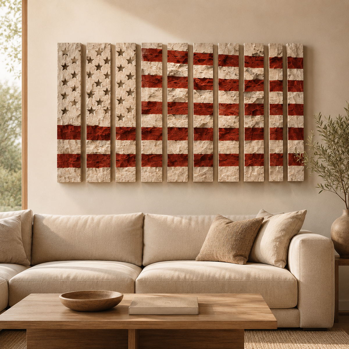 Deconstructed American Flag Wall Art – 13 Panel Textured Plaster Relief Sculpture