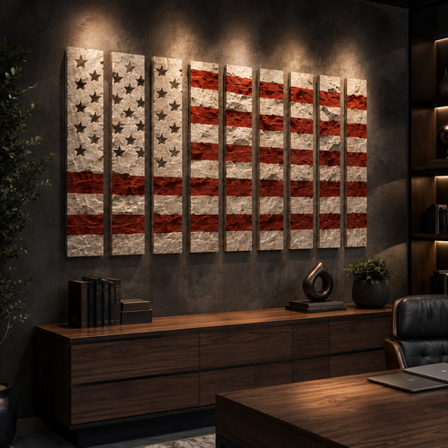 Deconstructed American Flag Wall Art – 13 Panel Textured Plaster Relief Sculpture