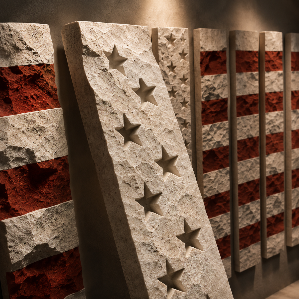 The thirteen-panel plaster relief flag, hand-finished with a textured surface